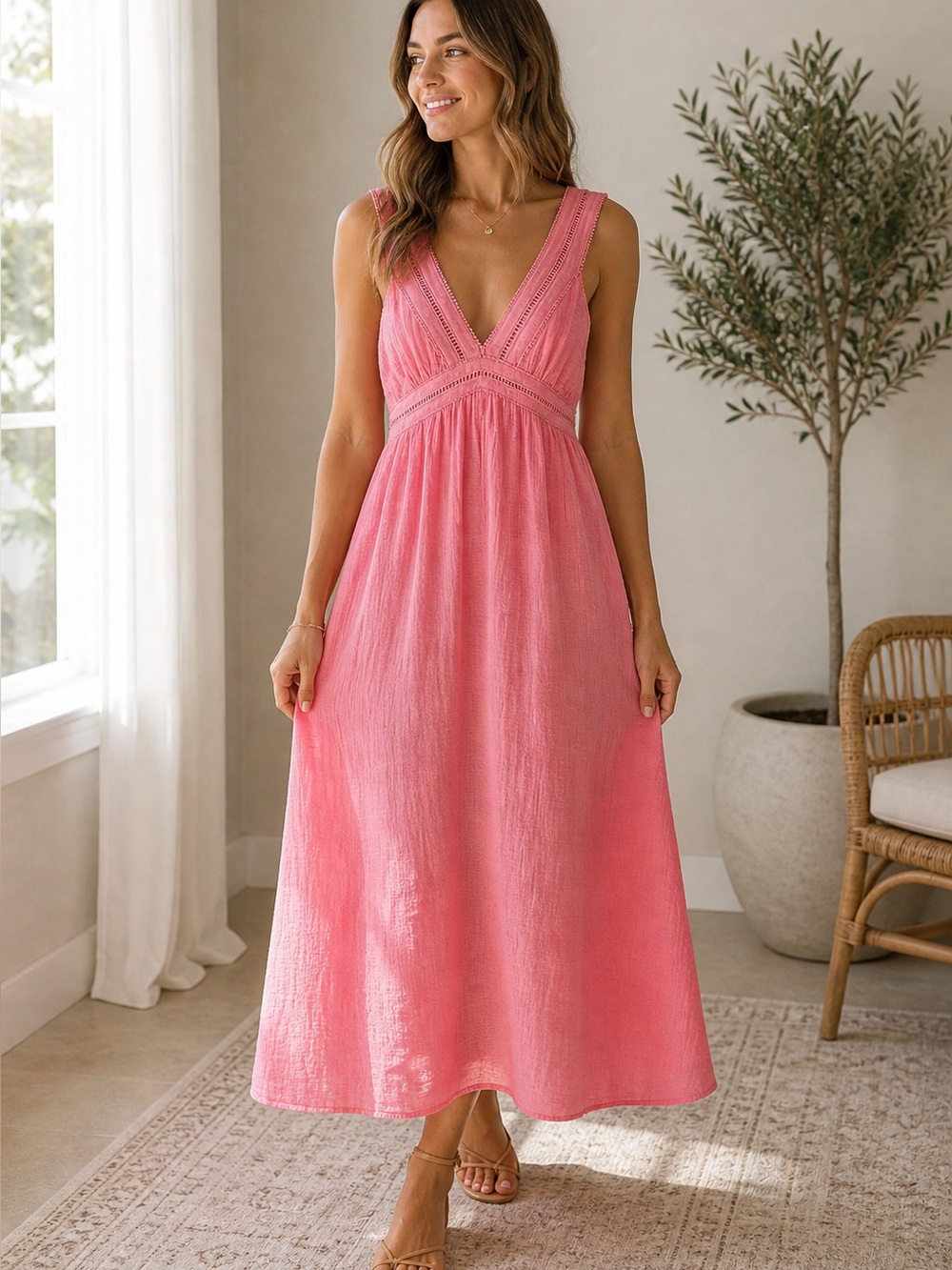 Steve Madden Pink Gauze Maxi Dress Boho Smocked V Neck Size M